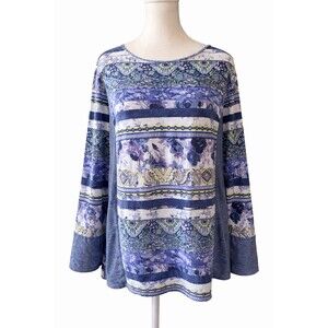 Zenergy by Chico's Large 2 Blue Purple Boho Print Tunic Top Long Sleeve